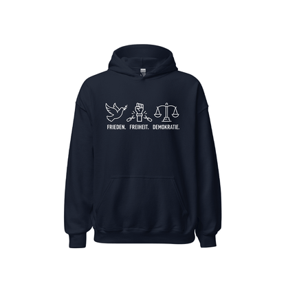 Kapuzenpullover „Frieden. Freiheit. Demokratie.“