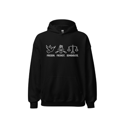 Kapuzenpullover „Frieden. Freiheit. Demokratie.“